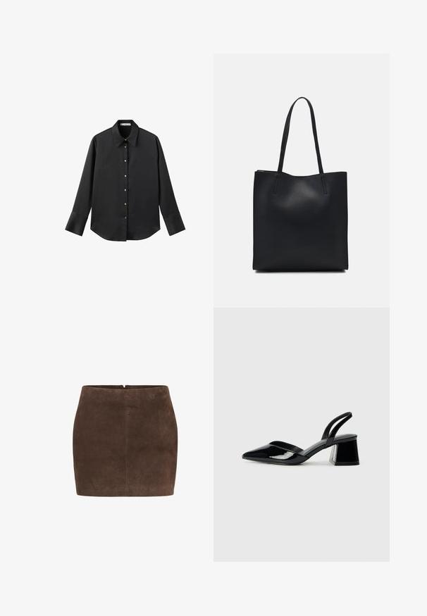 Cămașă neagră cu mâneci lungi dintr-un material neted, având un guler clasic, închidere frontală cu butoane aurii și manșete late.; Fustă mini din suede maro, cu o textură netedă, având un design simplu, închidere cu fermoar la spate și fără embellishments suplimentare.; Pantofi cu toc slingback din piele lacuită neagră, cu vârf ascuțit și toc geometric. Prezintă un design elegant, minimalist și o textură netedă.; Geantă tote neagră din piele, cu textură netedă, formă rectangulară și două mânere lungi. Fără hardware vizibil sau ornamente.