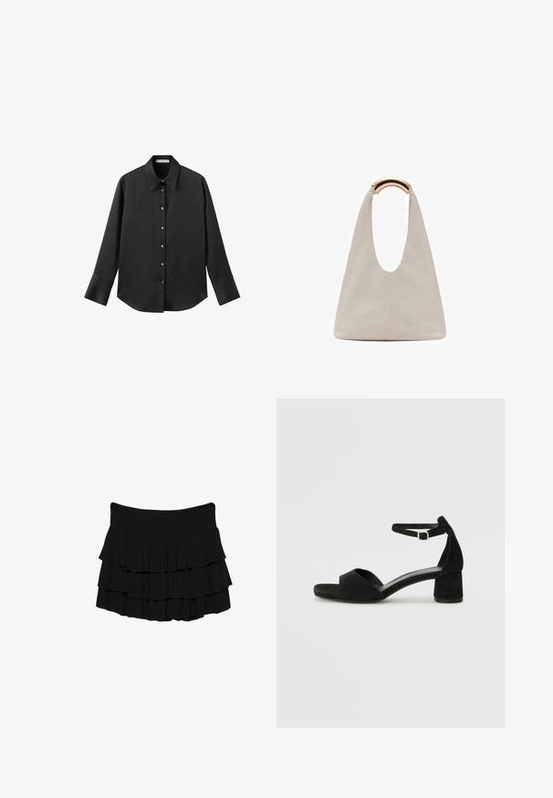 Crna košulja dugih rukava od glatkog materijala, s klasičnim ovratnikom, prednjim kopčanjem na dugmad u boji zlatne i širokim manžetnama.; Crna višeslojna suknja od lagane tkanine, s tri horizontalne volančića i elastičnim strukom za udoban fit.; Crne zamšaste sandale s potpeticom s tankim remenom za gležanj, otvorenim nožnim prstima i umjerenom blok petom. Glatka tekstura i minimalni detalji.; Svijetlosivi kožni torba s oblikom u slovo U i zakrivljenim metalnim drškom. Glatka tekstura s minimalnim šavovima i bez vidljivih uzoraka.