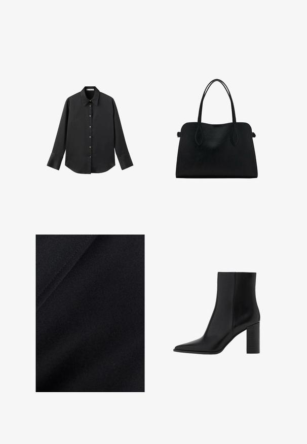 Chemise noire à manches longues en tissu lisse, dotée d'un col classique, d'une fermeture à boutons sur le devant avec des boutons dorés, et de larges poignets.; Tissu noir avec une texture lisse, présentant de subtiles variations de brillance et un léger extensibilité, idéal pour les vêtements ou le rembourrage.; Botte chelsea en cuir noir avec un bout pointu, un talon carré, une texture lisse et des détails de couture le long des coutures. Les talons mesurent environ 8,9 cm.; Sac à main en cuir noir avec deux anses, de forme rectangulaire et au design minimaliste sur un fond blanc.