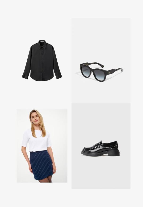 Crna košulja dugih rukava od glatkog materijala, s klasičnim ovratnikom, prednjim kopčanjem na dugmad u boji zlatne i širokim manžetnama.; Mornarsko prugasta suknja s prilagođenim dizajnom i pojasom, uparen s bijelim topom kratkih rukava. Glatka tekstura tkanine, minimalistički stil.; Crne lakirane kožne loferice s ukrasnim srebrnim zakovicama, zaobljenim vrhom, niskim blok petom i glatkom sjajnom teksturom.; Crne velike sunčane naočale s gradijentnim staklima, širokog pravokutnog oblika i teksturiranim plastičnim okvirom. Sadrže zlatne logo akcentne detalje na sljepoočnicama.