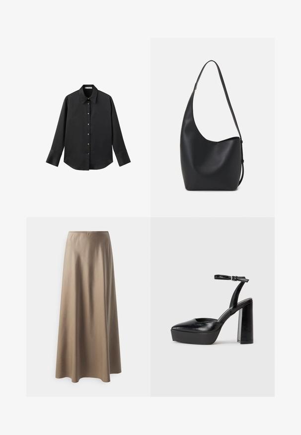 Črna majica z dolgimi rokavi iz gladkega materiala, z klasičnim ovratnikom, sprednjim zapiranjem na gumbe z zlatimi gumbi in širokimi manšetami.; Srednje dolga krila iz gladkega bež blaga z elastičnim pasom in ohlapnim, tekočim siluetom. Brez vidnih vzorcev ali poudarkov.; Črne platforme z visokimi petami in koničastim nosom ter nastavljivim gležnjenjskim trakom. Narejene iz gladke usnje, s kockasto peto.; Črna usnjena hobo torba z gladko teksturo, ukrivljeno obliko in eno nastavljivo naramnico; ima širok odprtina na vrhu.