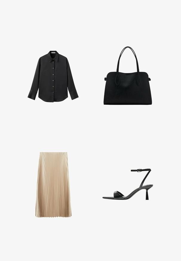Črna majica z dolgimi rokavi iz gladkega materiala, z klasičnim ovratnikom, sprednjim zapiranjem na gumbe z zlatimi gumbi in širokimi manšetami.; Mango Krilo A-kroja - light grey; Bershka Sandali z visoko peto - black; Črna usnjena torbica z dvema naramnima trakoma, pravokotne oblike in minimalističnim dizajnom na beli podlagi.