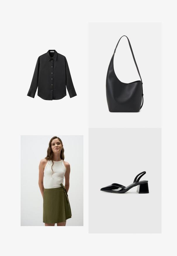 Schwarz langärmliges Hemd aus glattem Stoff, mit klassischem Kragen, frontaler Knopfleiste mit goldfarbenen Knöpfen und breiten Manschetten.; Weißes, geripptes Tanktop kombiniert mit einem knielangen, olivgrünen Wickelrock, der mit einem Bindeband in der Taille versehen ist. Glatter, leichter Stoff.; Schwarze Lackleder-Slingback-High Heels mit spitzem Schuh und einem geometrischen Blockabsatz. Verfügt über ein schlankes, minimalistisches Design und eine glatte Textur.; Schwarze Leder-Hobo-Tasche mit einer glatten Textur, geschwungener Form und einem einzelnen verstellbaren Tragegurt; verfügt über eine weite Öffnung am oberen Ende.