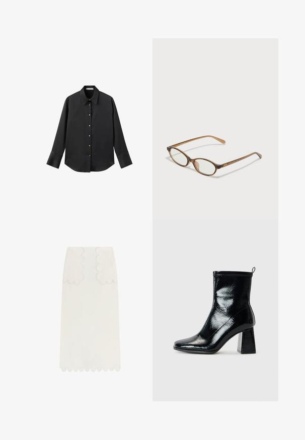 Schwarz langärmliges Hemd aus glattem Stoff, mit klassischem Kragen, frontaler Knopfleiste mit goldfarbenen Knöpfen und breiten Manschetten.; Scalpers LAIN MIDI - A-Linien-Rock - ecru; Schwarze Lack-Ankle-Boots mit quadratischer Zehenform und klobigem geometrischem Absatz. Sie verfügen über eine glatte, glänzende Textur und eine Zuglasche an der Rückseite für einfaches Anziehen.; Braune Schildpatt-Brille mit ovalen Gläsern, dünnen Bügeln und transparenten Akzenten. Verfügt über ein dezentes Logo am Bügel. Elegantes, leichtes Design.; Schwarze Lackleder-Handtasche mit geschwungenem Design, einem Schulterriemen, Vordertaschen und silberfarbenen Hardware-Akzenten.