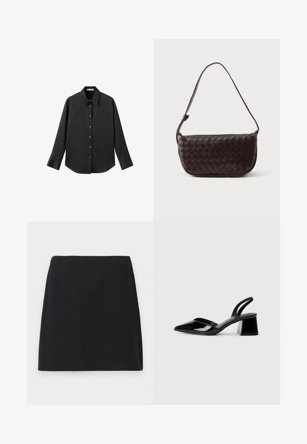 Chemise noire à manches longues en tissu lisse, dotée d'un col classique, d'une fermeture à boutons sur le devant avec des boutons dorés, et de larges poignets.; Mini-jupe noire, coupe droite, texture de tissu lisse, sans motifs ni embellissements visibles, bords nets, sans éléments métalliques. Design simple.; Escarpins en cuir verni noir avec bout pointu et talon bloc géométrique. Présente un design élégant et minimaliste ainsi qu'une texture lisse.; Sac à épaule en cuir tissé marron foncé avec une forme courbée, une bandoulière réglable et une finition lisse. Design compact sans matériel visible.