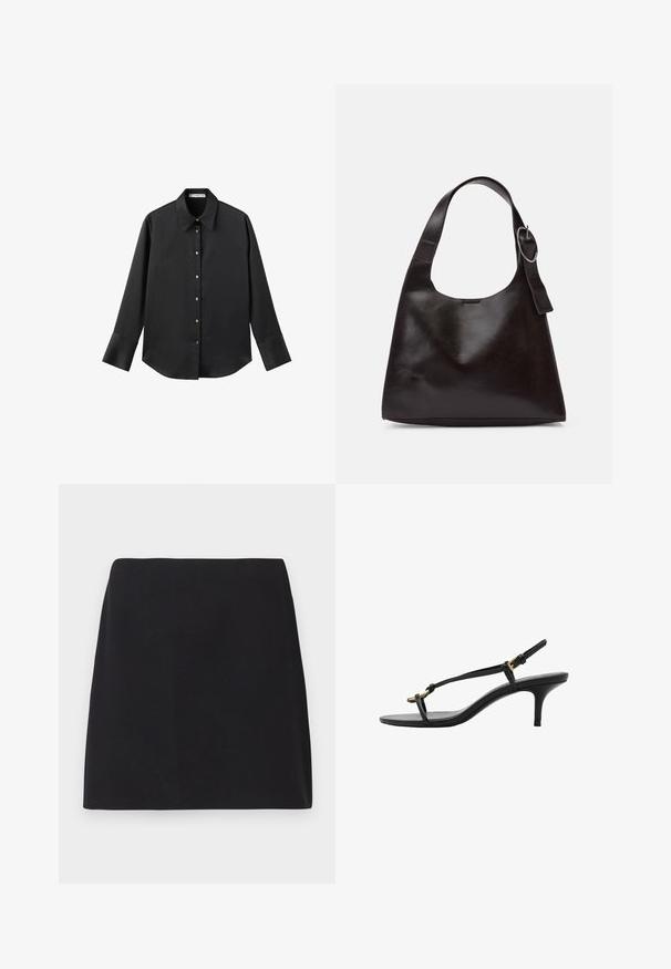 Zwarte lange mouwen shirt van gladde stof, met een klassieke kraag, een sluiting met knopen aan de voorkant met gouden knopen en brede manchetten.; Zwarte mini rok, rechte snit, gladde stofstructuur, geen zichtbare patronen of versieringen, schone randen, geen metalen onderdelen. Eenvoudig ontwerp.; Zwarte leren kitten heel sandaal met dunne banden, gouden gesp en minimalistische teenlus op een witte achtergrond.; Bruine lederen schoudertas met een gladde textuur, ronde vorm, brede strap en een cirkelvormig metallic accent op de handgreep.