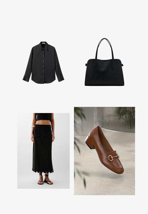 Schwarz langärmliges Hemd aus glattem Stoff, mit klassischem Kragen, frontaler Knopfleiste mit goldfarbenen Knöpfen und breiten Manschetten.; Schwarze Leinenrock mit gewelltem Saum und zwei Taschen mit muschelförmigen Akzenten; kombiniert mit schwarzen flachen Sandalen.; Braune Lackleder-Loafer mit quadratischer Zehenpartie, metallischem Kettenakzent und niedrigem Blockabsatz; glatte Textur, minimalistisches Design.; Schwarze Lederhandtasche mit zwei Schulterriemen, rechteckiger Form und minimalistischem Design auf weißem Hintergrund.