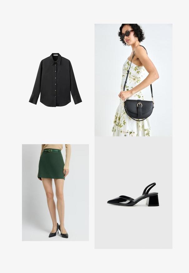 Zwarte lange mouwen shirt van gladde stof, met een klassieke kraag, een sluiting met knopen aan de voorkant met gouden knopen en brede manchetten.; Groene mini rok met een gladde textuur, voorzien van een bijpassende riem met een gouden gesp. Gecombineerd met zwarte gevlochten hoge hakken.; Zwarte gepatineerde leren slingback hakken met een spitse neus en een geometrische blokhak. Kenmerkt zich door een slank, minimalistisch ontwerp en een gladde textuur.; Zwarte leren handtas met een gebogen vorm, afneembare schouderband en gouden hardware. De tas heeft een klep met een gespsluiting.