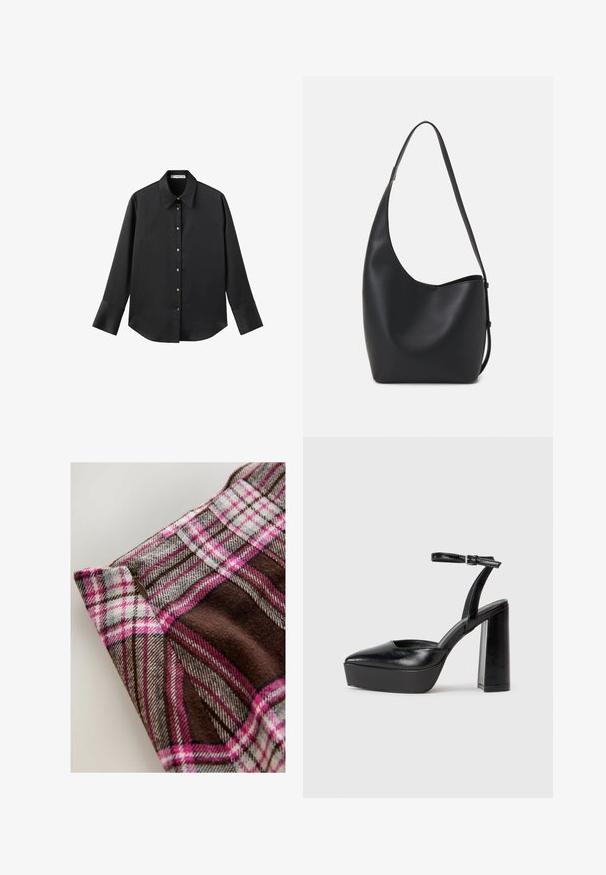 Black long-sleeve shirt in smooth fabric, featuring a classic collar, front button closure with gold-tone buttons, and wide cuffs.; Brown and pink checkered fabric with gray accents, featuring a smooth texture and a slight sheen, highlighted by a visible zipping detail.; Black platform heels with a pointed toe and adjustable ankle strap. Constructed from smooth leather, featuring a chunky block heel.; Black leather hobo bag with a smooth texture, curved shape, and single adjustable strap; features a wide opening at the top.