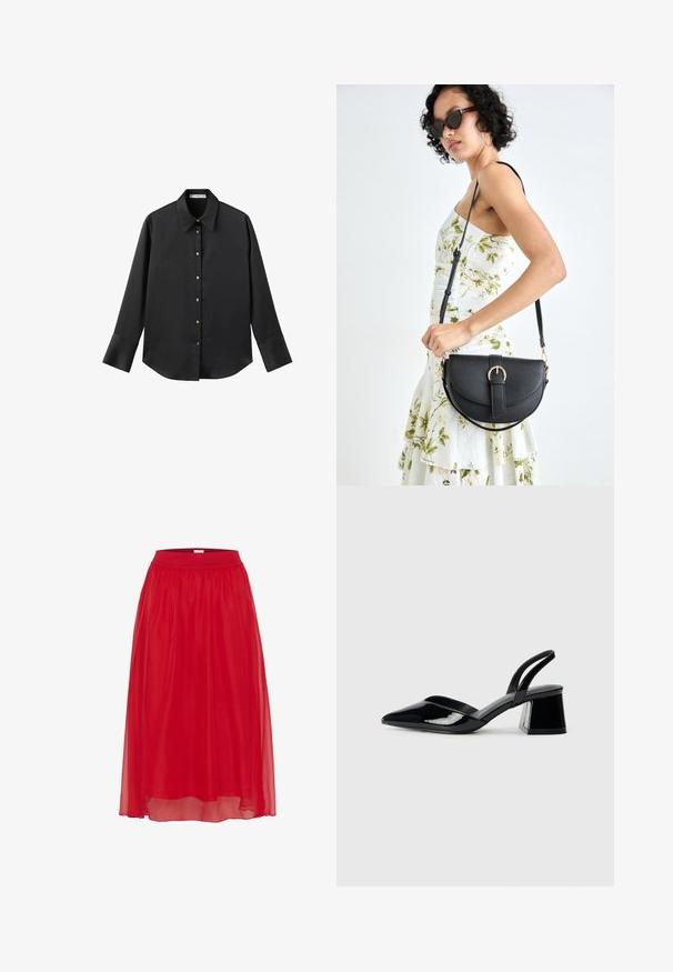 Čierna dlhá rukávová košeľa z hladkého materiálu, s klasickým golierom, predným zapínaním na gombíky so zlatými gombíkmi a širokými manžetami.; Červená, ľahká sukňa z šifónu s elastickým pásom, voľným dizajnom a dĺžkou po kolená. Hladká textúra s priehľadným vzhľadom.; Čierne lakované kožené sandálové podpätky s špicatou špičkou a geometrickým blokovým podpätkom. Disponujú elegantným, minimalistickým dizajnom a hladkým povrchom.; Čierna kožená kabelka s zaobleným tvarom, odnímateľným popruhom a zlatými doplnkami. Kabelka má klopu s detailom s prackou.