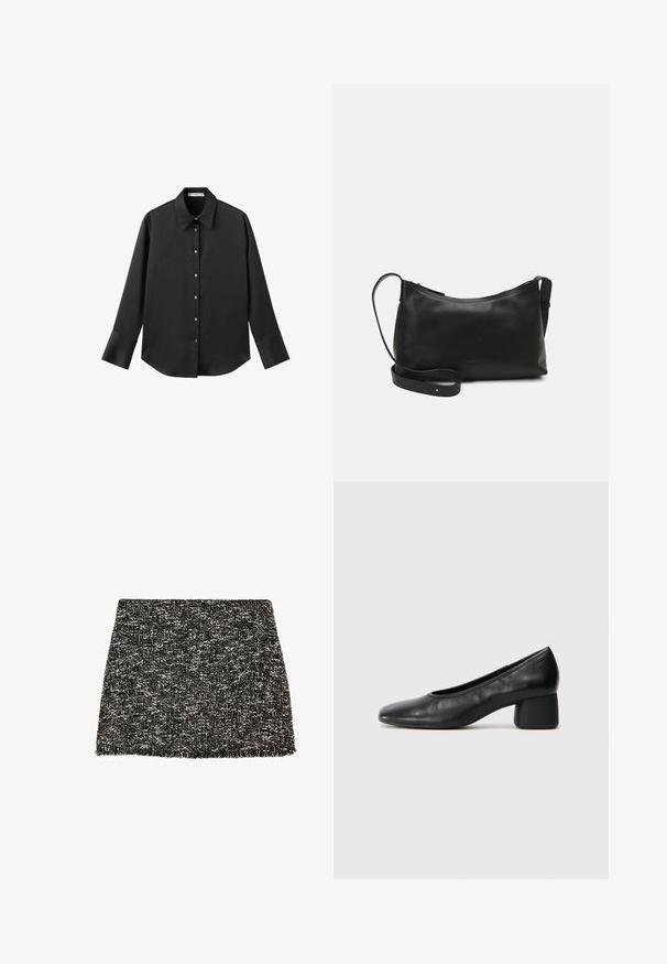 Črna majica z dolgimi rokavi iz gladkega materiala, z klasičnim ovratnikom, sprednjim zapiranjem na gumbe z zlatimi gumbi in širokimi manšetami.; Črno-bež mini krilo iz tvida z razcepljenim robom. Struktura v obliki, z teksturirano površino, primerno za različne sproščene kombinacije oblačil.; Črne usnjene petke z zaobljenim nosom in srednjo blok peto. Gladka tekstura z minimalnimi detajli, ki vključuje subtilno elastično odprtino.; Črna usnjena torba čez ramo z gladko teksturo, ukrivljeno obliko, nastavljivim trakom in zadrgo. Minimalističen dizajn brez okrasnih detajlov.