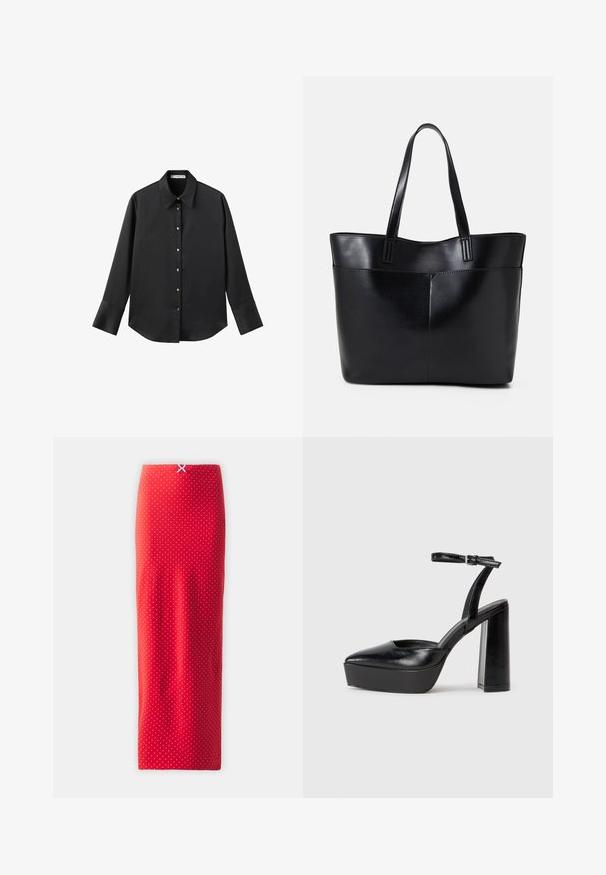 Schwarz langärmliges Hemd aus glattem Stoff, mit klassischem Kragen, frontaler Knopfleiste mit goldfarbenen Knöpfen und breiten Manschetten.; Rote Polka-Dot-Midi-Rock aus glattem Stoff, mit passender Silhouette und einem Rückendetail mit einer kleinen weißen Schleife in der Taille.; Schwarze Plateau-High Heels mit spitzem Zeh und verstellbarem Knöchelriemen. Gefertigt aus glattem Leder und mit einem klobigen Blockabsatz.; Schwarze Leder-Shopper-Tasche mit zwei langen Griffen, einer glatten Textur und einer strukturierten Form. Verfügt über eine Vordertasche für zusätzlichen Stauraum.