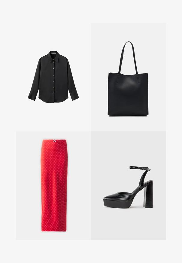 Sort langærmet skjorte i glat stof, med klassisk krave, frontlukning med guldtonede knapper og brede manchetter.; Rød midi-nederdel med prikker lavet af glat stof, med en tætsiddende silhuet og en bagdetalje med en lille hvid sløjfe i taljen.; Sorte platformhæle med spidse tæer og justerbar ankelrem. Construeret i glat læder, med en kraftig blokhæl.; Sort læder tote taske med glat tekstur, rektangulær form og to lange hanke. Ingen synlig hardware eller udsmykninger.