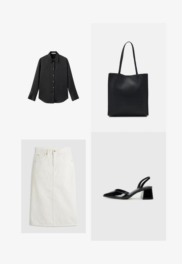 Maglietta nera a maniche lunghe in tessuto morbido, con colletto classico, chiusura frontale con bottoni dorati e polsini ampi.; Gonna midi in denim bianco con vita alta, chiusura frontale a bottoni e due tasche laterali. Presenta una silhouette dritta e dettagli cuciti.; Décolleté in vernice nera con punta affusolata e tacco in geometria cubica. Presentano un design elegante e minimalista, con una texture liscia.; Borsa tote in pelle nera con texture liscia, forma rettangolare e due manici lunghi. Nessun hardware o decorazione visibile.