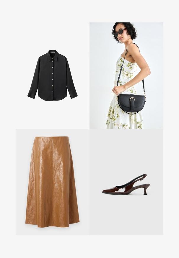 Chemise noire à manches longues en tissu lisse, dotée d'un col classique, d'une fermeture à boutons sur le devant avec des boutons dorés, et de larges poignets.; Jupe midi en cuir marron avec une texture lisse et brillante, présentant des coutures verticales et un design évasé, se terminant juste en dessous du genou.; Chaussure slingback en cuir verni marron avec un bout pointu et un talon modéré. Elle est dotée d'une sangle à boucle pour un ajustement sécuritaire. Texture lisse.; Sac à main en cuir noir avec une forme courbée, bandoulière amovible et des accessoires en or. Le sac est doté d'un rabat avec un détail de boucle.