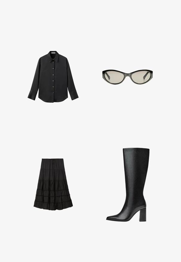 Chemise noire à manches longues en tissu lisse, dotée d'un col classique, d'une fermeture à boutons sur le devant avec des boutons dorés, et de larges poignets.; Jupe noire en couches faite d'un tissu léger, dotée d'une taille à cordon de serrage, de bords volantés et d'une silhouette fluide.; Bottine noire montante en simili cuir avec un bout pointu, texture lisse et un talon large. Design minimaliste sans accents visibles.; Lunettes de soleil noires en forme de chat avec des verres teintés gris. La monture en plastique présente des bords nets et une finition lisse et brillante.