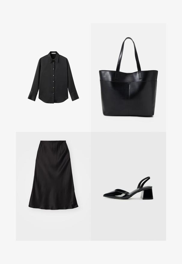 Black long-sleeve shirt in smooth fabric, featuring a classic collar, front button closure with gold-tone buttons, and wide cuffs.; Black satin slip skirt with a smooth texture, flared shape, and an elastic waistband. Minimalist design, no additional patterns or accents.; Black patent leather slingback heels with a pointed toe and a geometric block heel. Features a sleek, minimal design and smooth texture.; Black leather tote bag with two long handles, a smooth texture, and a structured shape. Features a front pocket for additional storage.