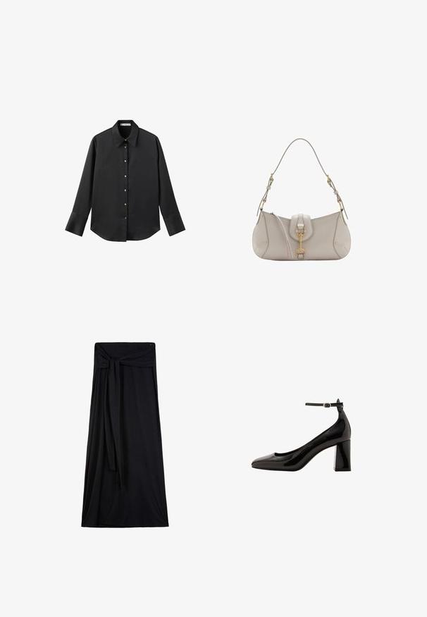 Schwarz langärmliges Hemd aus glattem Stoff, mit klassischem Kragen, frontaler Knopfleiste mit goldfarbenen Knöpfen und breiten Manschetten.; Schwarzer Maxirock aus weichem, elastischem Stoff. Mit einem gebundenen Taillendetail, fließender Silhouette und einem knöchellangen Design.; Schwarze Lackleder-Pumps mit Knöchelriemen und glänzender Oberfläche, spitzer Zehenform und dickem Blockabsatz. Sanfte Textur, minimalistische Details.; Helle graue Lederhandtasche mit geschwungener Form, goldenen Beschlägen, einem Frontverschluss und gesteppten Details. Verstellbarer Schulterriemen inklusive.