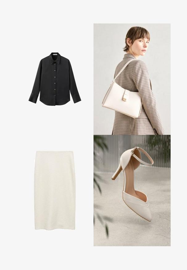 Svart långärmad skjorta i mjukt tyg, med klassisk krage, framknäppning med knappar i guldton och breda manschetter.; Mid-length, rak vit kjol i ett strukturerat tyg med ett subtilt vävmönster. Inga synliga detaljer eller prydnader.; Vit högklackad sko i glatt material med spetstopp och ankelsnodd. Har en ljusbrun inredning och guldfärgad detaljer.; Vit läderhandväska med en strukturerad design, med en magnetknäppning och en axelrem, visad mot en neutral bakgrund.