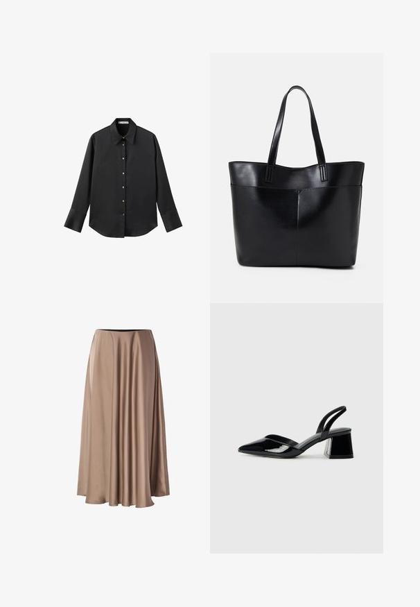 Svart långärmad skjorta i mjukt tyg, med klassisk krage, framknäppning med knappar i guldton och breda manschetter.; Lång A-linjig kjol gjord av glatt, glänsande tyg i en ljus beige färg. Har resårmidja och en svävande draperad design.; Svarta lackläder slingback klackar med spetsig tå och geometrisk klack. Har en elegant, minimalistisk design och slät yta.; Svart läder tote-väska med två långa handtag, en slät yta och en strukturerad form. Har en framficka för extra förvaring.