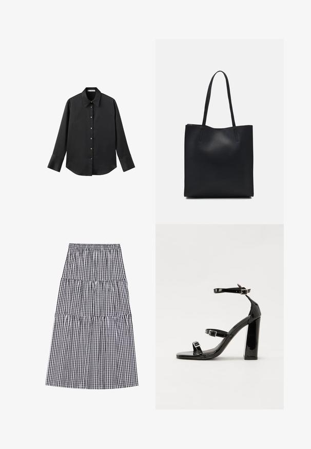 Maglietta nera a maniche lunghe in tessuto morbido, con colletto classico, chiusura frontale con bottoni dorati e polsini ampi.; Gonna a balze a quadri bianchi e neri con vita elasticizzata. Presenta multiple balze e una silhouette fluida.; Sandali con tacco in vernice nera, con punta squadrata, cinturini alla caviglia e fibbie in argento. Presentano un tacco a blocco spesso per maggiore stabilità.; Borsa tote in pelle nera con texture liscia, forma rettangolare e due manici lunghi. Nessun hardware o decorazione visibile.