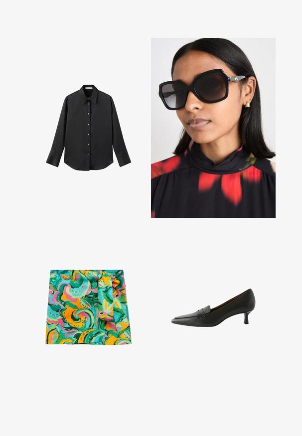 Černá dlouhá rukávová košile z hladkého materiálu, s klasickým límečkem, předním zapínáním na knoflíky ve zlatém tónu a širokými manžetami.; Barevný čtvercový hedvábný šátek s vířivými vzory v tyrkysové, zelené, růžové a žluté barvě, přičemž jedna strana má uzlovou texturu.; Černá kožená botka na podpatku s špičatou špičkou a dekoračním páskem. Má nízký stiletto podpatek a hladkou strukturu.; Černé oversized sluneční brýle s geometrickým rámem, tmavě zabarvenými skly a zlatými akcenty, nošené s květinovým topem s vysokým límcem.