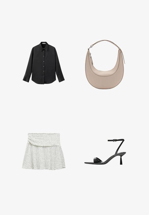Schwarz langärmliges Hemd aus glattem Stoff, mit klassischem Kragen, frontaler Knopfleiste mit goldfarbenen Knöpfen und breiten Manschetten.; Weißer Rock mit schwarzen Punkten, mit einem gerafften Bund und weit auslaufendem Saum. Aus weichem Stoff gefertigt, hat er eine glatte Textur.; Bershka High Heel Sandalette - black; Beige Leder Schultertasche in Halbmondform, mit glatter Oberfläche und einem geschwungenen Henkel. Verfügt über einen Reißverschluss und saubere Nähte.