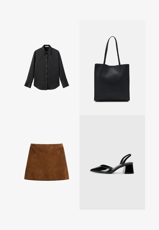 Schwarz langärmliges Hemd aus glattem Stoff, mit klassischem Kragen, frontaler Knopfleiste mit goldfarbenen Knöpfen und breiten Manschetten.; Brauner Wildleder-Minirock mit glatter Textur, A-Linien-Form und sauberem Saum. Keine sichtbaren Beschläge oder Muster. Einfaches und elegantes Design.; Schwarze Lackleder-Slingback-High Heels mit spitzem Schuh und einem geometrischen Blockabsatz. Verfügt über ein schlankes, minimalistisches Design und eine glatte Textur.; Schwarze Laptoptasche aus Leder mit glatter Textur, rechteckiger Form und zwei langen Griffen. Keine sichtbaren Beschläge oder Verzierungen.