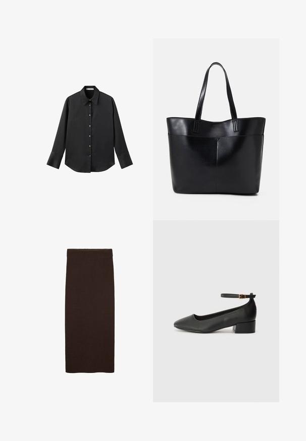 Schwarz langärmliges Hemd aus glattem Stoff, mit klassischem Kragen, frontaler Knopfleiste mit goldfarbenen Knöpfen und breiten Manschetten.; Brauer Strick-Midi-Rock mit enganliegendem Schnitt, glatter Textur, ohne sichtbare Muster und einem schlichten, klaren Design ohne Verzierungen.; Schwarze Lederpumps mit spitzem Zehenbereich und niedrigem Blockabsatz. Mit einem Knöchelriemen und einer goldfarbenen Schnalle. Glatte Textur.; Schwarze Leder-Shopper-Tasche mit zwei langen Griffen, einer glatten Textur und einer strukturierten Form. Verfügt über eine Vordertasche für zusätzlichen Stauraum.