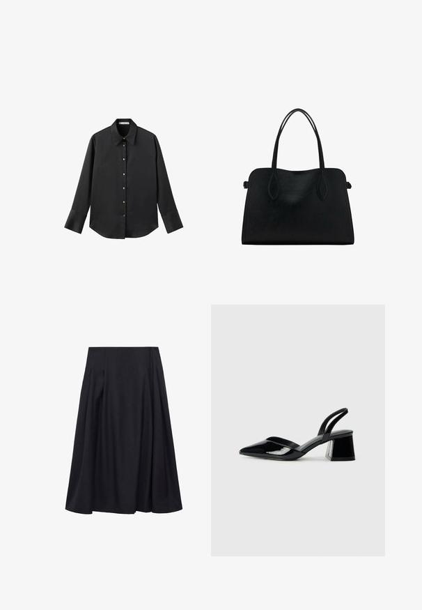 Zwarte lange mouwen shirt van gladde stof, met een klassieke kraag, een sluiting met knopen aan de voorkant met gouden knopen en brede manchetten.; Mango THAI - A-lijn rok - blue; Zwarte gepatineerde leren slingback hakken met een spitse neus en een geometrische blokhak. Kenmerkt zich door een slank, minimalistisch ontwerp en een gladde textuur.; Zwarte leren handtas met dubbele schouderriemen, rechthoekige vorm en minimalistisch ontwerp op een witte achtergrond.