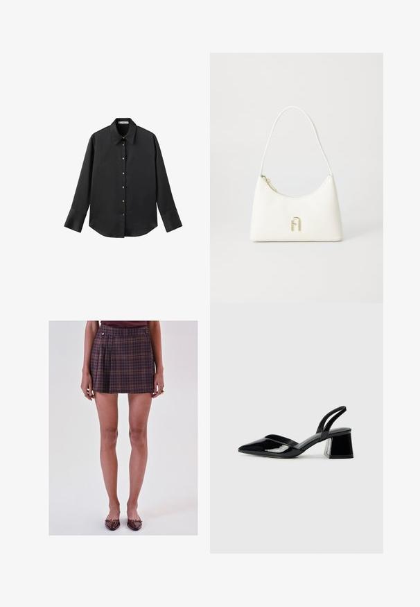 Chemise noire à manches longues en tissu lisse, dotée d'un col classique, d'une fermeture à boutons sur le devant avec des boutons dorés, et de larges poignets.; Femme portant une mini-jupe plissée en tartan violet, associée à un haut bordeaux et des ballerines bordeaux brillantes à bouts pointus avec des boucles.; Escarpins en cuir verni noir avec bout pointu et talon bloc géométrique. Présente un design élégant et minimaliste ainsi qu'une texture lisse.; Sac à main blanc à la forme courbée et à la texture lisse. Présente un accent de logo doré et une fermeture éclair. Bandoulière ajustable.