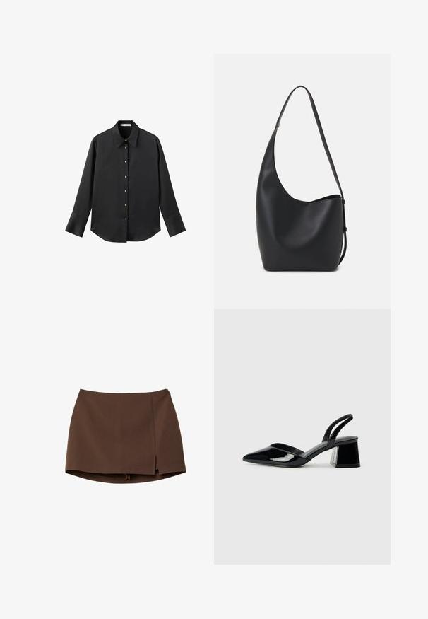 Chemise noire à manches longues en tissu lisse, dotée d'un col classique, d'une fermeture à boutons sur le devant avec des boutons dorés, et de larges poignets.; Mini-jupe marron en tissu lisse, avec une fente frontale, des lignes épurées et une coupe structurée. Sans poches ni détails métalliques apparents.; Escarpins en cuir verni noir avec bout pointu et talon bloc géométrique. Présente un design élégant et minimaliste ainsi qu'une texture lisse.; Sac hobo en cuir noir avec une texture lisse, une forme incurvée et une seule sangle réglable ; dispose d'une large ouverture en haut.
