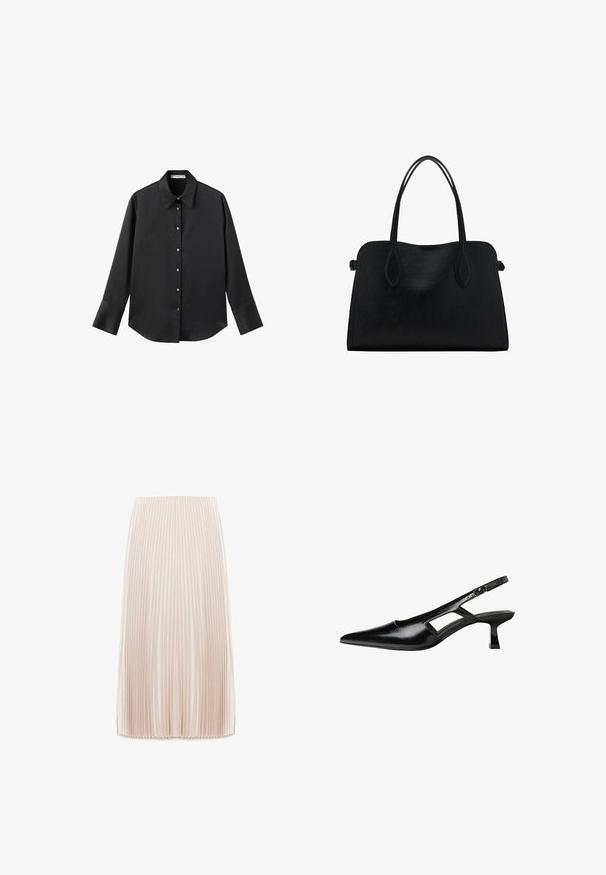 Črna majica z dolgimi rokavi iz gladkega materiala, z klasičnim ovratnikom, sprednjim zapiranjem na gumbe z zlatimi gumbi in širokimi manšetami.; Nabrana midi krila v svetlobrauni barvi, izdelana iz gladkega materiala, z ozkimi navpičnimi naborki in elastičnim pasom.; Črne patentični usnjeni salonarji s slingback designom, z zašiljenim nosom, izrezanim stranskim dizajnom in majhnim kvadratnim peto. Gladka tekstura z minimalnimi detajli.; Črna usnjena torbica z dvema naramnima trakoma, pravokotne oblike in minimalističnim dizajnom na beli podlagi.