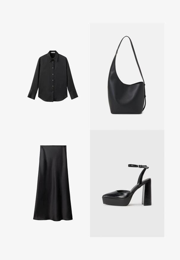 Cămașă neagră cu mâneci lungi dintr-un material neted, având un guler clasic, închidere frontală cu butoane aurii și manșete late.; Fustă din satin negru cu o textură netedă, siluetă în formă de A și design de lungime medie. Dispune de un tiv fără cusături și o cădere fluidă.; Pantofi cu toc platformă negri, cu vârful ascuțit și curea reglabilă la gleznă. Confecționați din piele netedă, având un toc gros.; Geantă hobo din piele neagră, cu o textură netedă, formă curbată și un singur bretele ajustabil; are o deschidere largă în partea de sus.