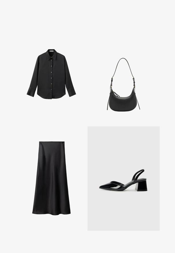 Černá dlouhá rukávová košile z hladkého materiálu, s klasickým límečkem, předním zapínáním na knoflíky ve zlatém tónu a širokými manžetami.; Černá saténová sukně s hladkým povrchem, siluetou do A a střední délkou. Obsahuje bezešvý pas a plynulé splývání.; Černé lakované kožené lodičky na pásku s špičatou špičkou a geometrickým blokovým podpatkem. Vyznačují se elegantním, minimalistickým designem a hladkým povrchem.; Černá kožená kabelka na rameno s zakřiveným tvarem, nastavitelným popruhem, zlatými kovovými detaily a hladkým textura povrchem.