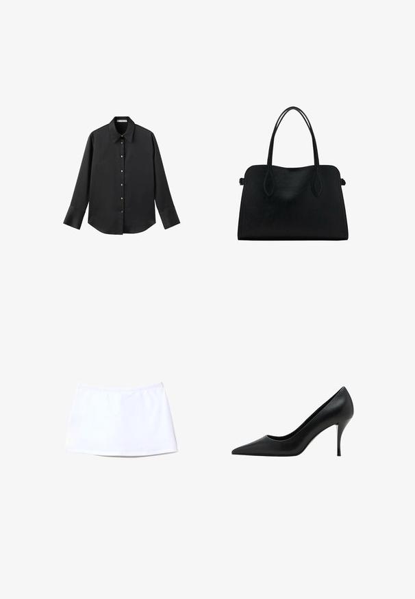 Crna košulja dugih rukava od glatkog materijala, s klasičnim ovratnikom, prednjim kopčanjem na dugmad u boji zlatne i širokim manžetnama.; Bijela suknja od glatkog materijala, s elastičnim pojasom i ravnim krojem. Jednostavan dizajn bez vidljivih uzoraka ili akcenta.; Crna kožna cipela na visokom petu s šiljastim nosom, glatke teksture i vitkim stiletto potpeticama, koja se odlikuje minimalističkim dizajnom.; Crna kožna torba s dvostrukim naramenicama, pravokutnog oblika i minimalističkim dizajnom na bijeloj pozadini.