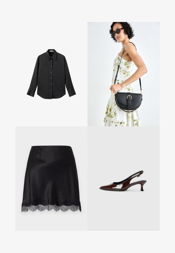 Chemise noire à manches longues en tissu lisse, dotée d'un col classique, d'une fermeture à boutons sur le devant avec des boutons dorés, et de larges poignets.; FROM FUTURE SAMMY - Jupe crayon - noir; Chaussure slingback en cuir verni marron avec un bout pointu et un talon modéré. Elle est dotée d'une sangle à boucle pour un ajustement sécuritaire. Texture lisse.; Sac à main en cuir noir avec une forme courbée, bandoulière amovible et des accessoires en or. Le sac est doté d'un rabat avec un détail de boucle.