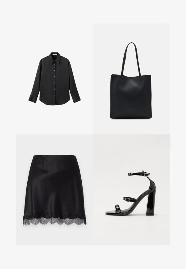 Sort langærmet skjorte i glat stof, med klassisk krave, frontlukning med guldtonede knapper og brede manchetter.; FROM FUTURE SAMMY - Pencil skirt - noir; Sorte patenterede hælsandaler med firkantet tå, ankelremme og sølvspænder. Har en chunky blokHæl for stabilitet.; Sort læder tote taske med glat tekstur, rektangulær form og to lange hanke. Ingen synlig hardware eller udsmykninger.