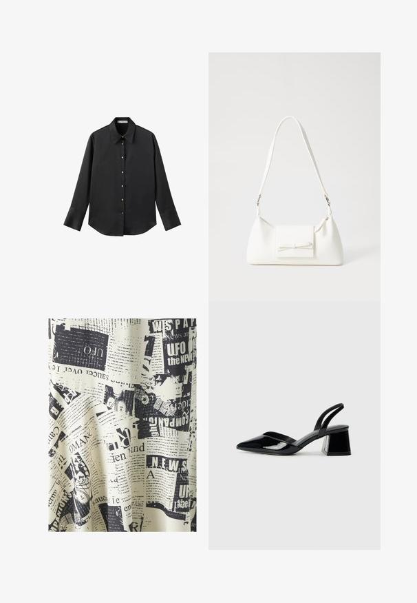 Black long-sleeve shirt in smooth fabric, featuring a classic collar, front button closure with gold-tone buttons, and wide cuffs.; SOMETHINGNEW SIMONE CALF SKIRT - Maxi skirt - whitecap/gray; Black patent leather slingback heels with a pointed toe and a geometric block heel. Features a sleek, minimal design and smooth texture.; White synthetic handbag with a triangular shape, flat front flap and bow detail, adjustable strap, smooth texture, and minimalistic design.