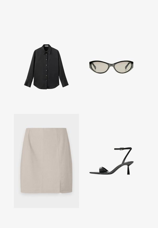 Chemise noire à manches longues en tissu lisse, dotée d'un col classique, d'une fermeture à boutons sur le devant avec des boutons dorés, et de larges poignets.; Jupe crayon beige avec une texture rayée, une coupe droite et une fente sur le côté pour plus de mouvement. Fabriquée en tissu léger.; Bershka Sandales à talons hauts - black; Lunettes de soleil noires en forme de chat avec des verres teintés gris. La monture en plastique présente des bords nets et une finition lisse et brillante.