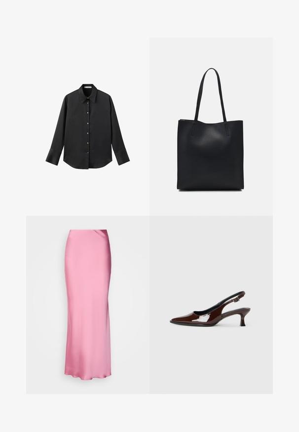 Cămașă neagră cu mâneci lungi dintr-un material neted, având un guler clasic, închidere frontală cu butoane aurii și manșete late.; Fustă maxi din satin roz, cu un design elegant, textură netedă și o siluetă adaptată, având talie înaltă și fără închideri vizibile.; Pantofii slingback din piele patent maro, cu vârful ascuțit și un toc moderat. Prezintă o curea cu prindere pentru o potrivire sigură. Textură netedă.; Geantă tote neagră din piele, cu textură netedă, formă rectangulară și două mânere lungi. Fără hardware vizibil sau ornamente.