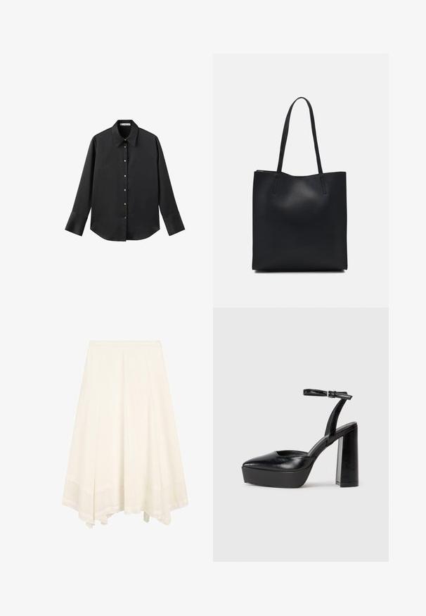 Schwarz langärmliges Hemd aus glattem Stoff, mit klassischem Kragen, frontaler Knopfleiste mit goldfarbenen Knöpfen und breiten Manschetten.; Weiße A-Linien-Midirock mit einem ausgestellten Saum und subtilen vertikalen Nähten, ausgestattet mit einem strukturierten breiten Saumband.; Schwarze Plateau-High Heels mit spitzem Zeh und verstellbarem Knöchelriemen. Gefertigt aus glattem Leder und mit einem klobigen Blockabsatz.; Schwarze Laptoptasche aus Leder mit glatter Textur, rechteckiger Form und zwei langen Griffen. Keine sichtbaren Beschläge oder Verzierungen.