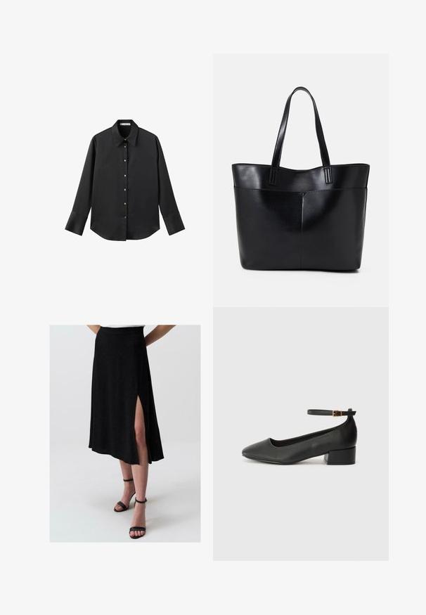 Zwarte lange mouwen shirt van gladde stof, met een klassieke kraag, een sluiting met knopen aan de voorkant met gouden knopen en brede manchetten.; Jimmy Key HIGH WAIST MIDI - A-lijn rok - black; Zwarte leren pump met een spitse neus en een lage blokhak. Beschikt over een enkelband met een goudkleurige gespsluiting. Gladde textuur.; Zwarte leren tote bag met twee lange handvatten, een zachte textuur en een gestructureerde vorm. Voorzien van een voorvak voor extra opslagruimte.