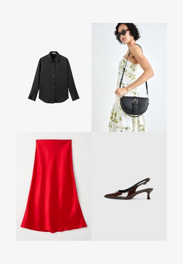 Črna majica z dolgimi rokavi iz gladkega materiala, z klasičnim ovratnikom, sprednjim zapiranjem na gumbe z zlatimi gumbi in širokimi manšetami.; Rdeča satenska krila z gladko teksturo, dolga do tal in s tokastim dizajnom, ki se na robu zoži. Preprosta, enotne barve, brez okraskov.; Rjavi lakirani slingback čevelj z ostro konico in zmerno peto. Ima zaponko za varno prileganje. Gladka tekstura.; Črna usnjena torbica s ukrivljeno obliko, z odstranljivo naramnico in zlatimi dodatki. Torbica ima pokrov s podrobnostmi v obliki zaponke.