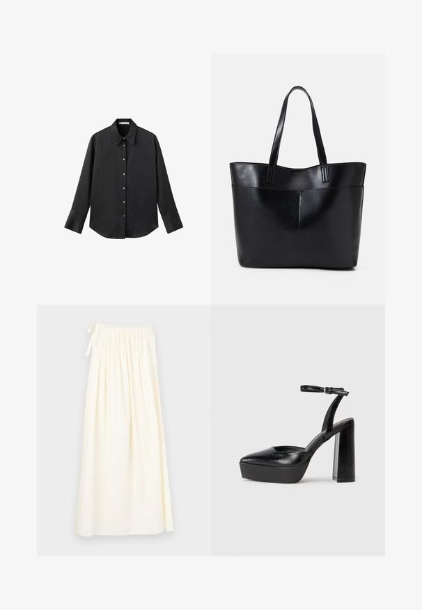 Black long-sleeve shirt in smooth fabric, featuring a classic collar, front button closure with gold-tone buttons, and wide cuffs.; Long, cream-colored skirt made of lightweight fabric; features an elastic waistband with a tie and a flowing design with minimal texture.; Black platform heels with a pointed toe and adjustable ankle strap. Constructed from smooth leather, featuring a chunky block heel.; Black leather tote bag with two long handles, a smooth texture, and a structured shape. Features a front pocket for additional storage.