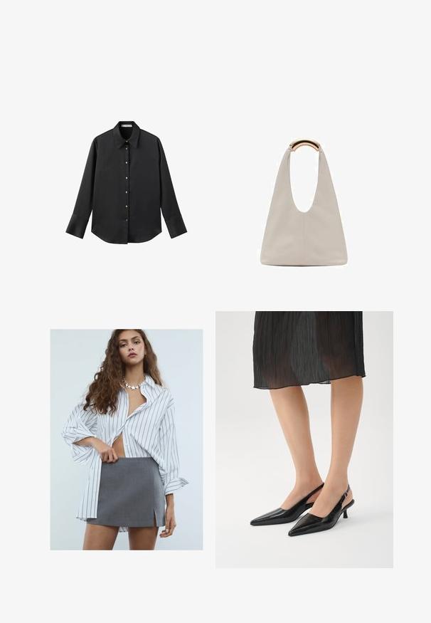 Schwarz langärmliges Hemd aus glattem Stoff, mit klassischem Kragen, frontaler Knopfleiste mit goldfarbenen Knöpfen und breiten Manschetten.; Junge Frau mit langen, lockigen Haaren, die ein weißes, gestreiftes Oversized-Hemd, einen grauen Minirock mit Schlitz vorne und eine sternförmige Halskette trägt.; Schwarze Slingback-High Heels mit spitzem Zehenbereich und glänzender Oberfläche, schlankem Absatz und offenem Rückendesign. Strukturmuster auf dem Obermaterial.; Hellgraue Lederhandtasche mit einem U-förmigen Design und einem geschwungenen, metallischen Griff. Glatte Textur mit minimalen Nähten und ohne sichtbare Muster.
