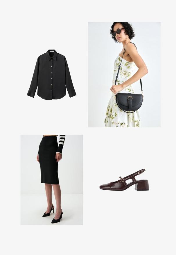 Czarna koszula z długim rękawem z gładkiego materiału, z klasycznym kołnierzykiem, zapięciem na guziki z przodu w złotym odcieniu oraz szerokimi mankietami.; Czarna spódnica ołówkowa z gładkiego materiału, sięgająca do połowy łydki, o dopasowanym kroju. Noszona z czarnymi szpilkami o spiczastych noskach.; Brązowe skórzane szpilki z odkrytym piętą, kwadratowym noskiem, wyciętymi bokami i słupkowym obcasem. Posiadają klamrę na pasku wokół kostki.; Czarna skórzana torebka o zakrzywionym kształcie, z odpinanym paskiem i złotymi akcentami. Torebka posiada klapę z zapięciem w kształcie klamry.