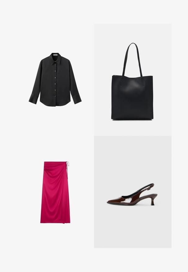 Schwarz langärmliges Hemd aus glattem Stoff, mit klassischem Kragen, frontaler Knopfleiste mit goldfarbenen Knöpfen und breiten Manschetten.; Fuchsia Wickelrock aus glattem Stoff, mit asymmetrischem Design, Drapierungen und einer Bindeschließe auf der linken Seite.; Braune Lackleder-Slingback-Schuhe mit spitzer Zehe und moderatem Absatz. Mit einem Schnallenriemen für einen sicheren Sitz. Glatte Textur.; Schwarze Laptoptasche aus Leder mit glatter Textur, rechteckiger Form und zwei langen Griffen. Keine sichtbaren Beschläge oder Verzierungen.