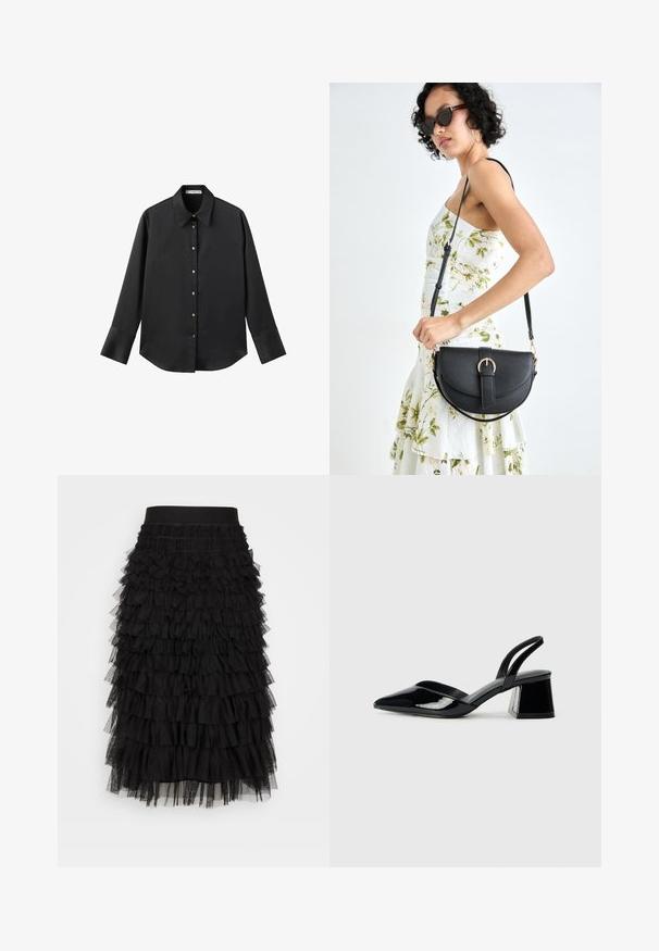 Crna košulja dugih rukava od glatkog materijala, s klasičnim ovratnikom, prednjim kopčanjem na dugmad u boji zlatne i širokim manžetnama.; Crna suknja u slojevima s rastezljivim pojasom, višeslojnim nabranim volanima i mekim tilskim teksturom koja stvara volumen i pokret.; Crne lakirane kožne sandale s otvorenom petom i špicastim vrhom, s geometrijskom blok petom. Imaju elegantan, minimalistički dizajn i glatku teksturu.; Crna kožna torba s lukovitim oblikom, odvojivim remenom i zlatnim detaljima. Torba ima preklop s kopčom.