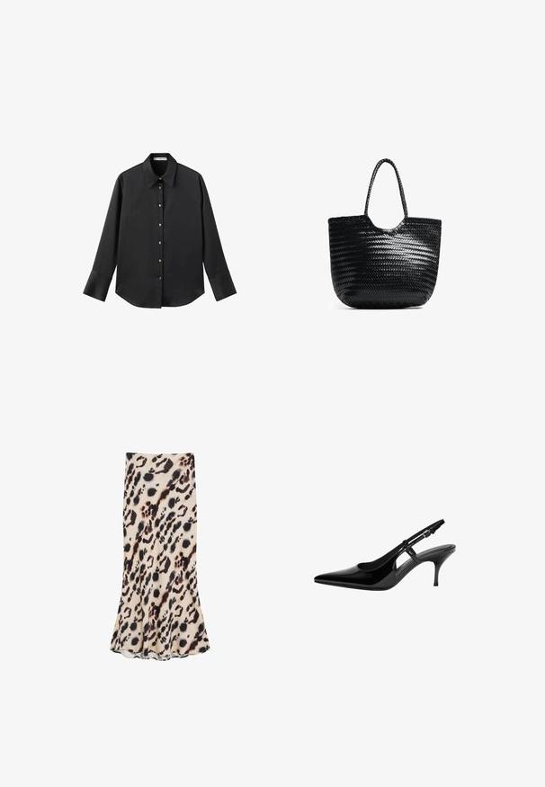 Schwarz langärmliges Hemd aus glattem Stoff, mit klassischem Kragen, frontaler Knopfleiste mit goldfarbenen Knöpfen und breiten Manschetten.; Leopardenmuster Midi-Rock in Beige und Schwarz, aus glattem Stoff gefertigt, mit schwingendem Saum und taillierter Silhouette.; Schwarze Lackleder-Slingback-Pumpe mit spitzem Zehenbereich, offenen seitlichen Ausschnitten, schlanker Absatz und verstellbarem Knöchelriemen.; Schwarze geflochtene Tragetasche mit gerundetem Oberteil, Seitennähten und zwei geflochtenen Griffen. Verfügt über ein strukturiertes Muster und ein geräumiges Innenfach.
